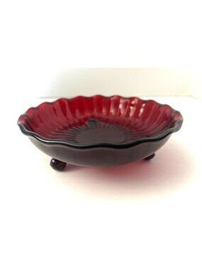 Ruby Red Bowl Dish Anchor Hocking 1960’s 3 Footed Ribbed Sides Scalloped Rim